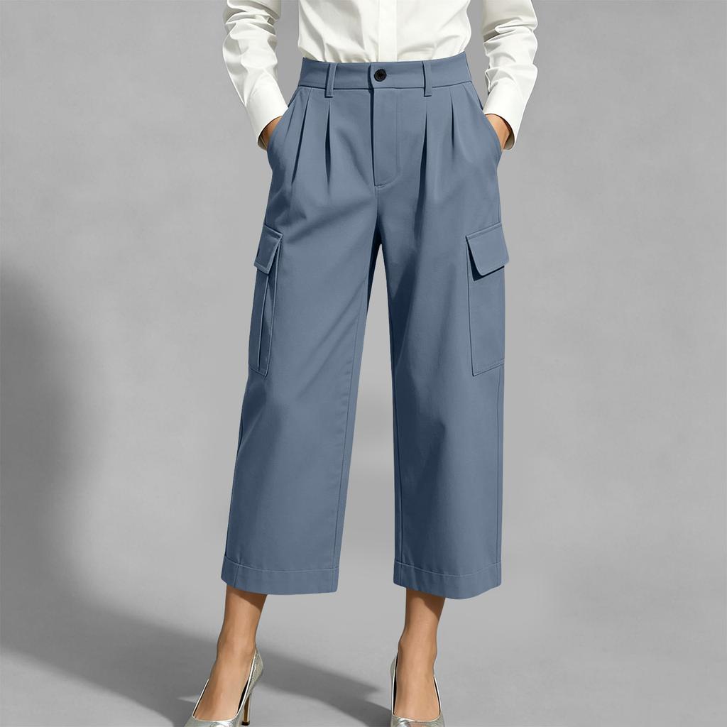 Women's Color Casual Trousers with Cotton Pockets and Button Front Dress Pants