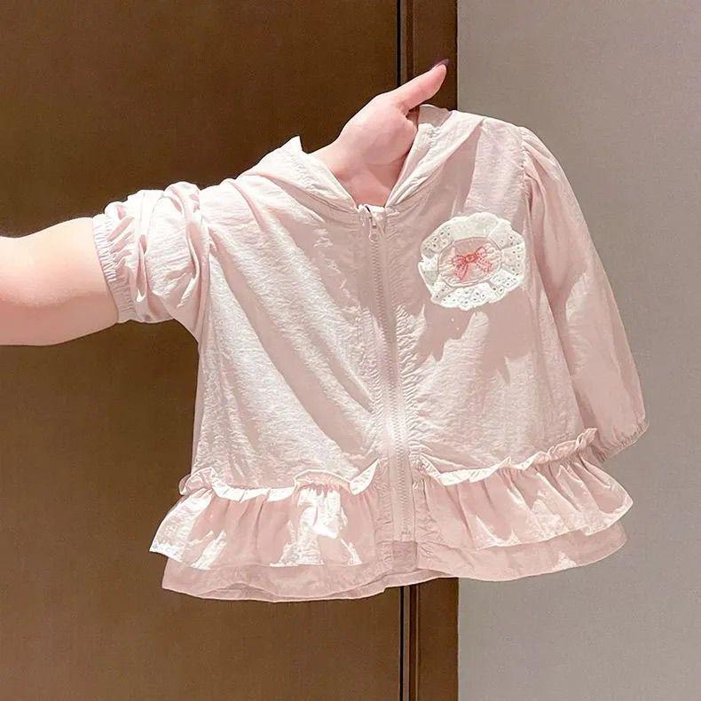 Girls Pink Camellia Ruffle Sun Protection Jacket - Lightweight, Breathable, Cute 100 cm