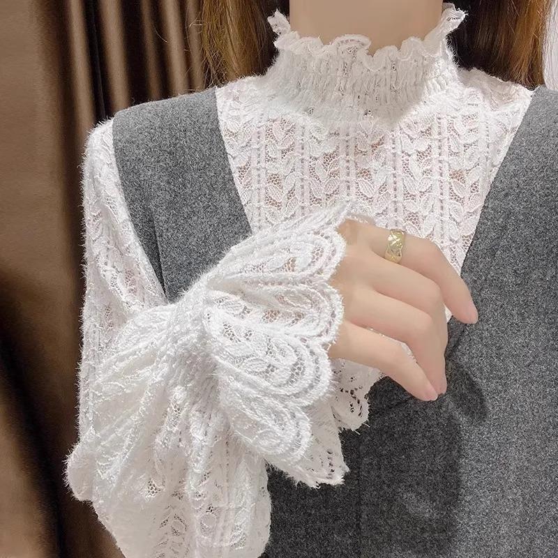 Women's Fall/Winter Mid-Neck Lace Top, Layering Top, Elegant Fleece-Lined Sweater