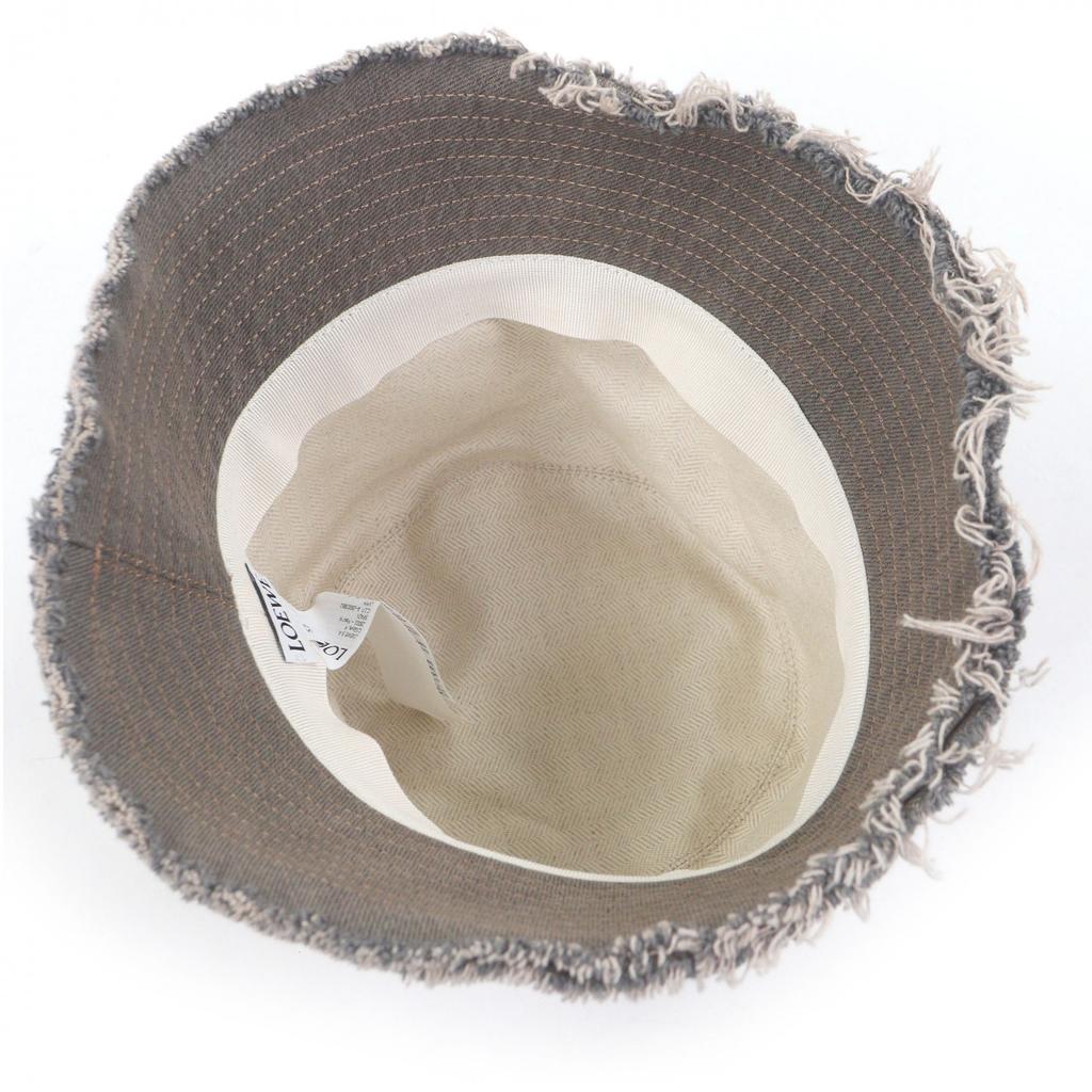 Great LOEWE hat Logo leather patch fringe denim bucket bag Brown cotton mens 57 Used