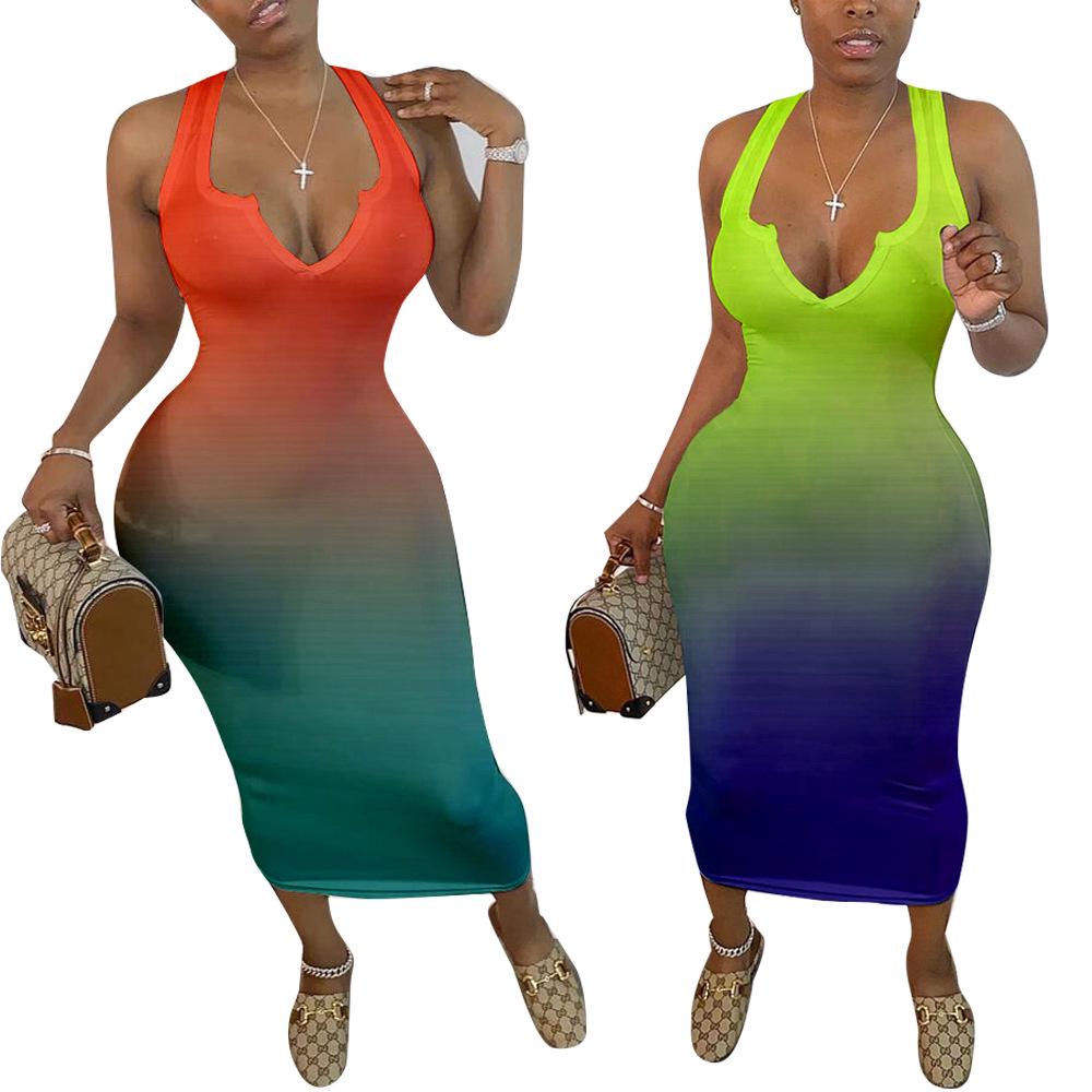 Sexy Gradient V-neck Bodycon Midi Dress - Elegant European & American Style Women's Clothing