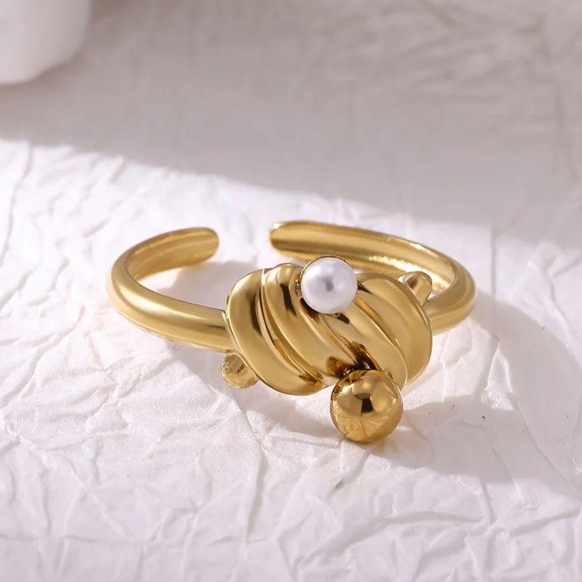 Stainless Steel Pearl Joint Ring for Women18K Gold Plated Minimalist Geometric Adjustable Finger Ring Wedding Christmas Jewelry