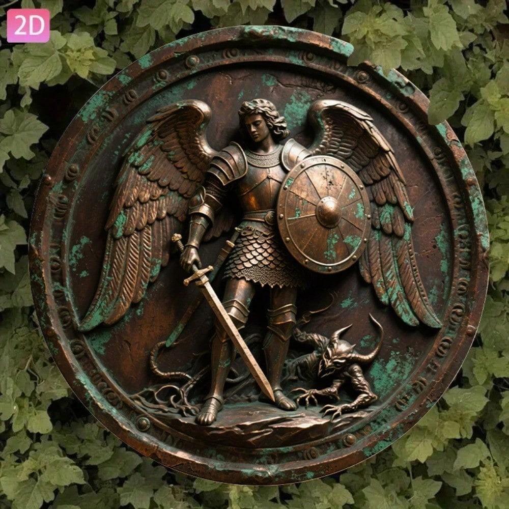 Vintage St Michael Archangel Metal Sign Bronze Aluminum Wall Art