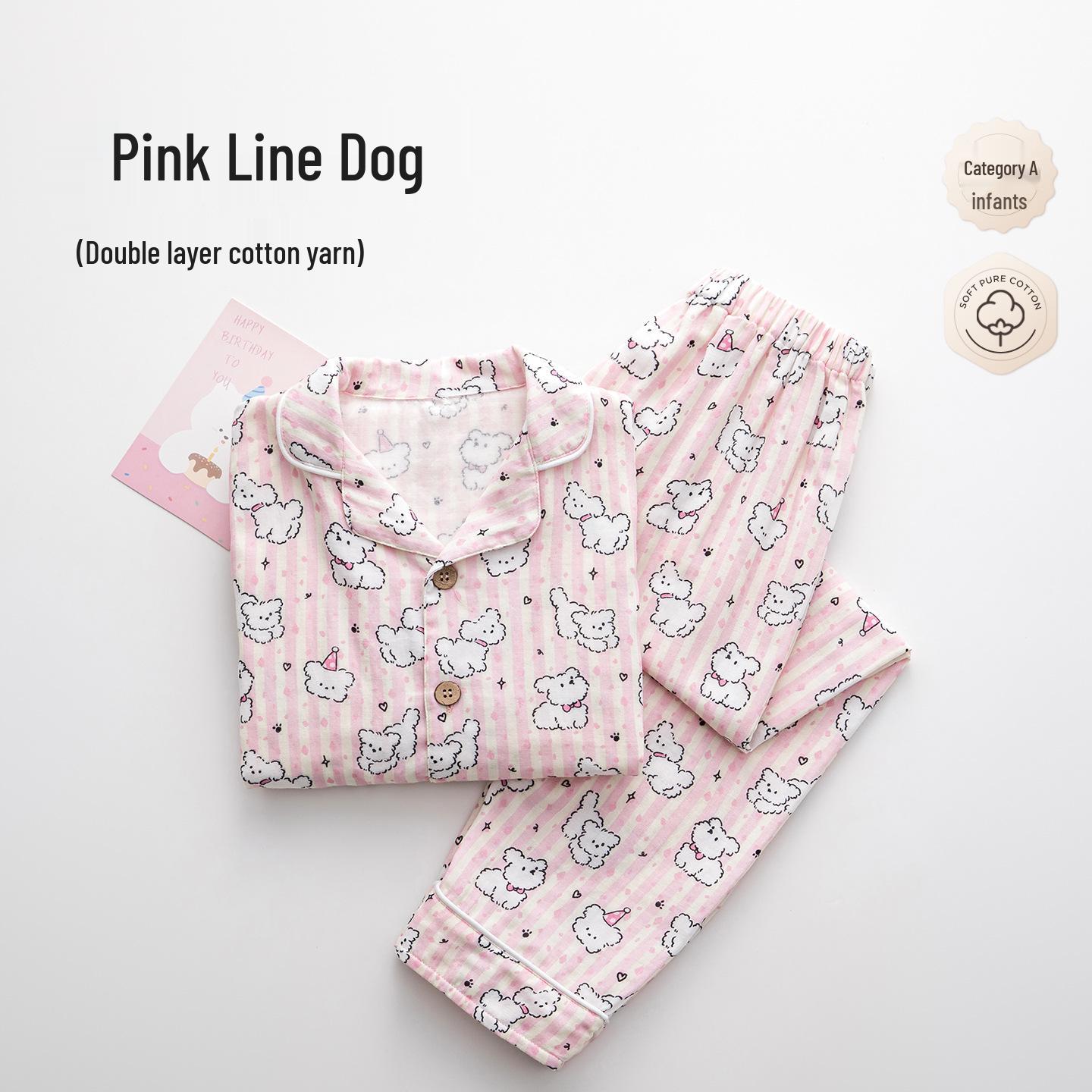 Shangbao Mai Pure Cotton Girls Long Sleeve Cartoon Lapel Pajamas - Breathable, Sweat-Absorbing Double Layer Gauze for Air Conditioning. 90 cm