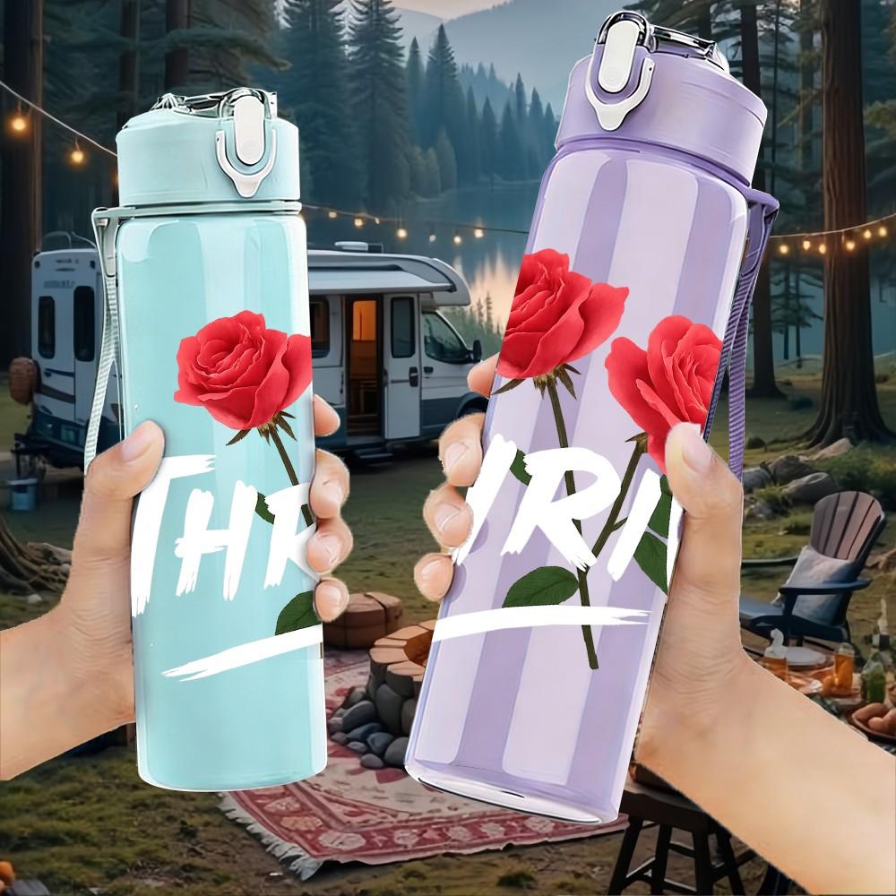 1PC Two Red Rose Flowers 750ml Color Plastic Sports Water Bottle Leakproof Flip Straw Lid Suitable for Sports Office Home Use