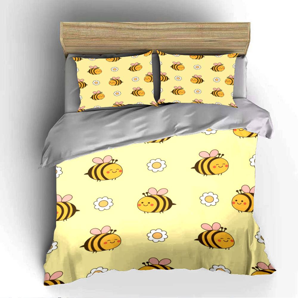 Süßes Cartoon-Bienen- und Gänseblümchen-Bettwäscheset Bettwäscheset (1 Bettbezug, 2 Kissenbezüge, Bettdecke nicht enthalten)