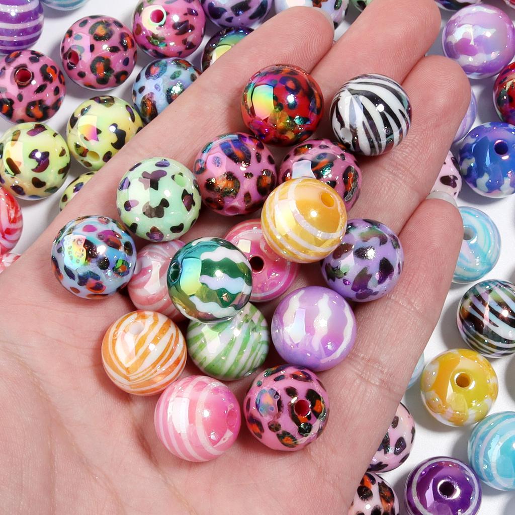 10pcs/lot Colour Printed Striped Beads Acrylic Beads Round Spacer Beads For Jewelry Making DIY Bracelets Necklace Accessories