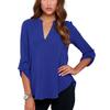 Summer Shirt Solid Color Ruched Loose Three Quarter Sleeves Low-cut Commute V Neck Plus Size Mid Length Summer Blouse Female Clothing