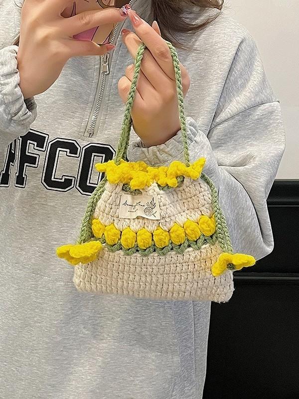 Handcrafted Wool Knitted Flower Drawstring Bag Mini Crossbody For Daily Use