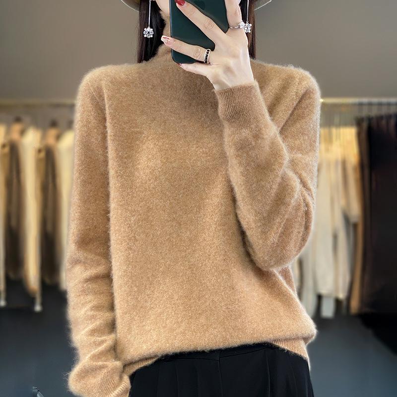 Women's Pure Wool High Neck Loose Pullover Sweater - Solid Color, Slimming, Long Sleeve - Autumn/Winter Collection