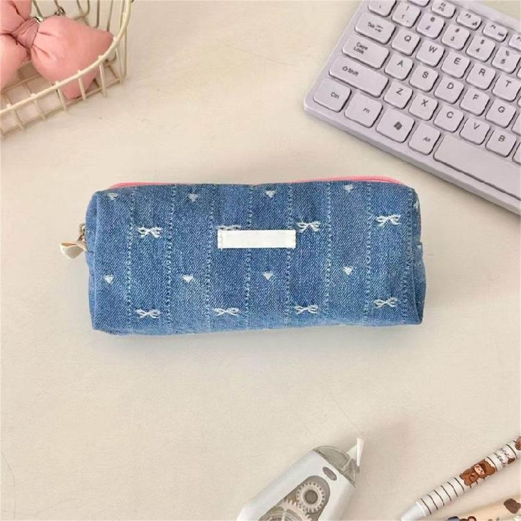Jeans Fabric Pen Case Large Bowknot Pencil Bag Spacious Compartment Travel Makeup Bag for Student Women Travel Essential
