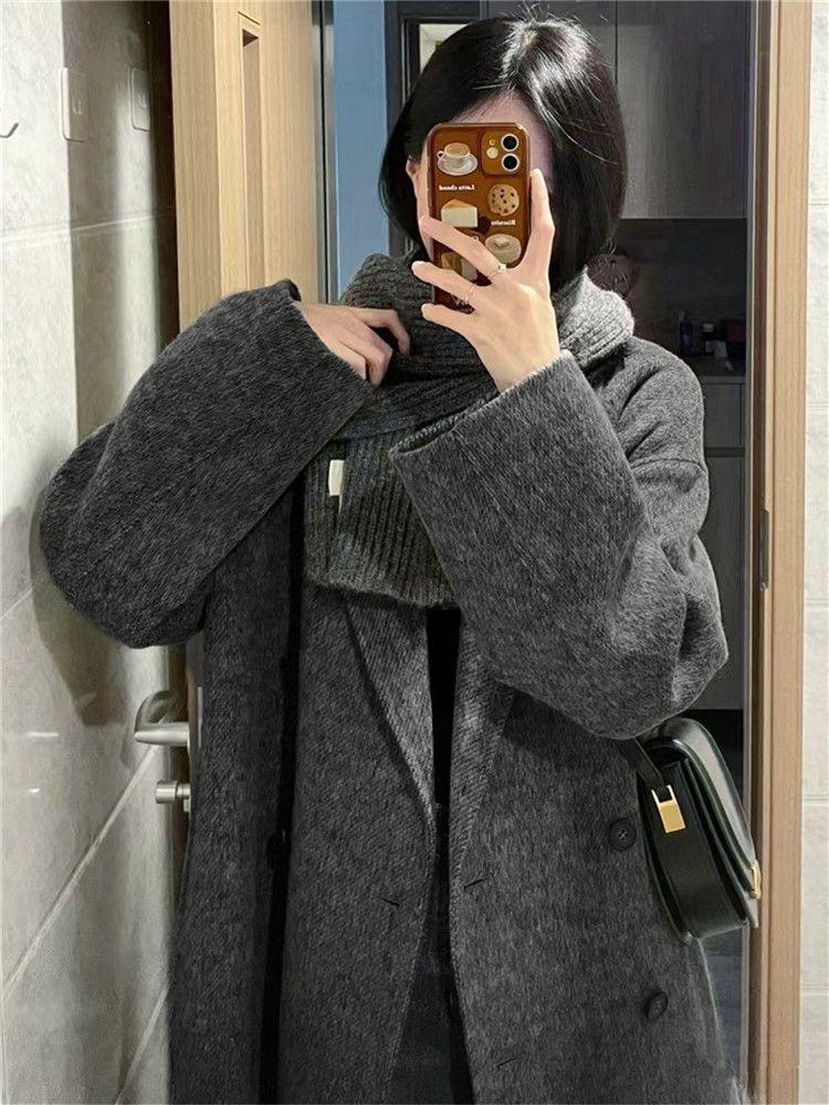 Women's Mid-Length Hepburn-Style Wool Felt Coat - Autumn/Winter Plus Velvet Thickened Petite Fit