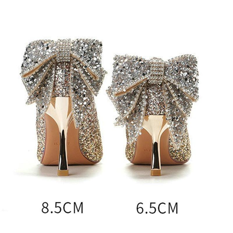 Fashion 2025 New French Bow Pumps Gradient Crystal Sequin Senior Sense Bridal Wedding Shoes Bridesmaid Shoes Dinner Shoes