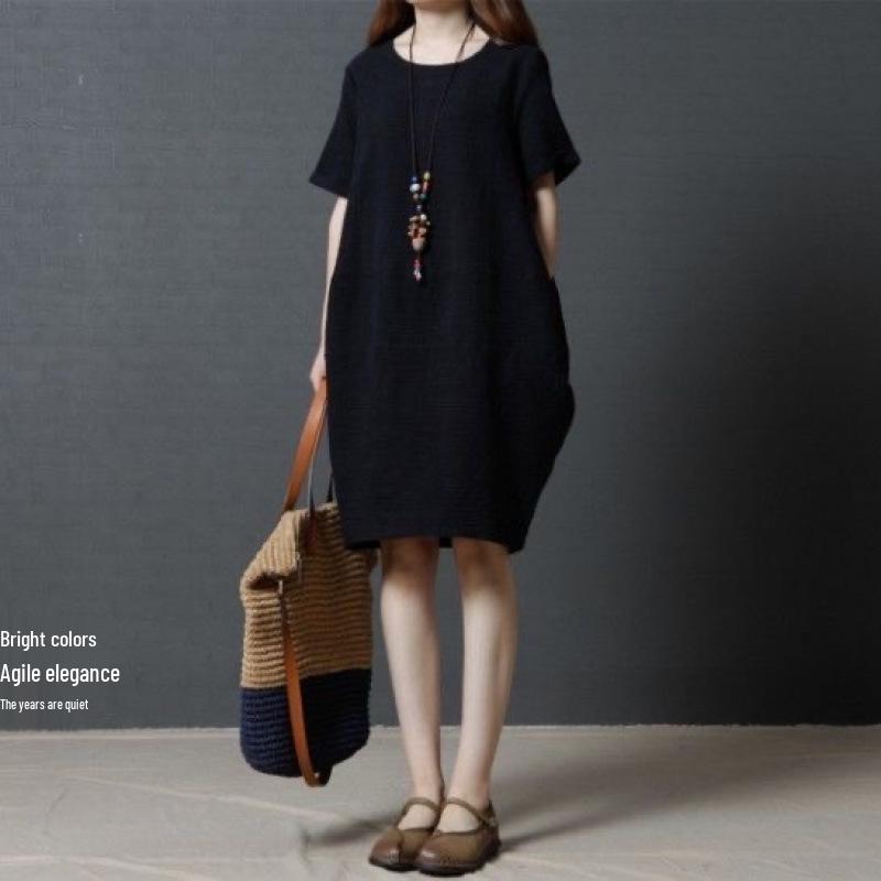 Koreanischer Stil Locker Übergröße Baumwolle Leinen Kurzarm Kleid - Lässig und Schlankmachend
