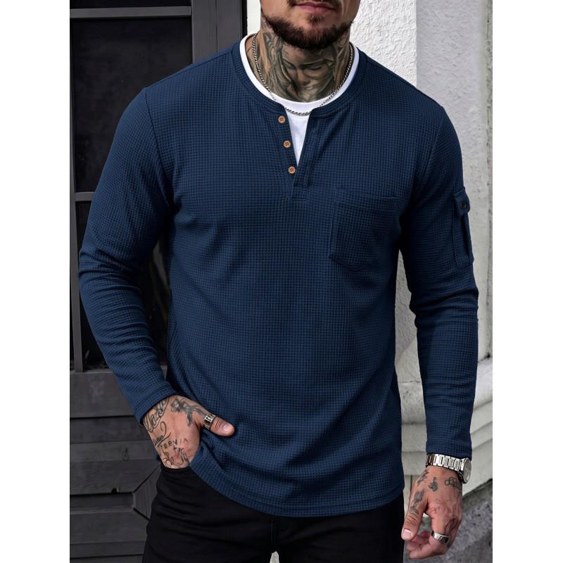 Mens Long Sleeve T Shirt Fake Two Piece Waffle Knit Round Neck Casual Top Daily Wear