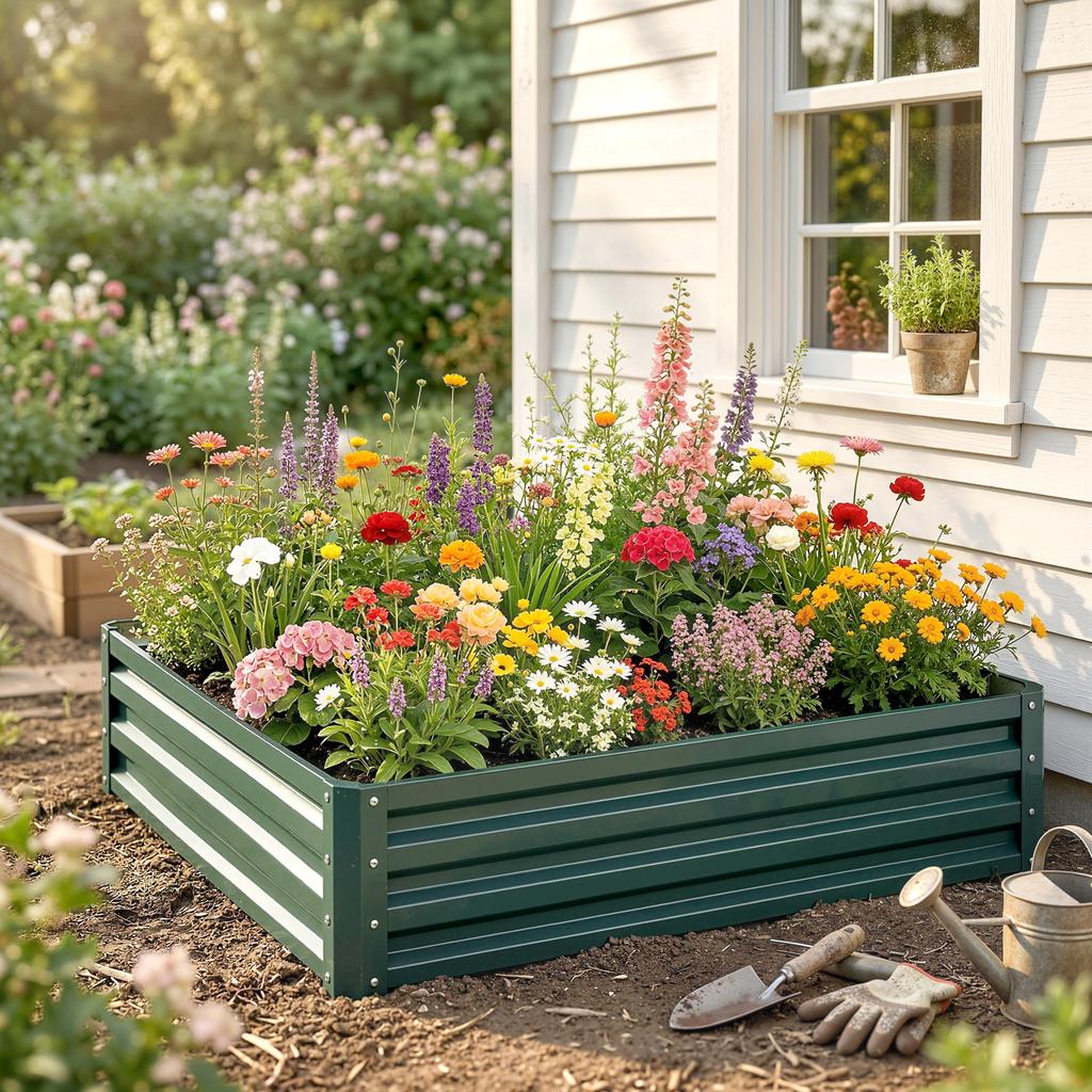 Square Raised Garden Bed Box With Weatherized Steel Frame For Vegetables Flowers And Herbs 120 X 120 X 30cm Green