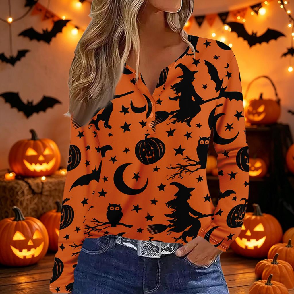 Women's Halloween Print V-Neck Long Sleeve T-Shirt with Decorative Buttons Casual Top