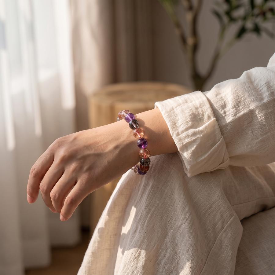 Multicolor Round Bead Bracelet, Purple and Copper-Tone Patterned Beads, Boho Layering Jewelry Gift for Women