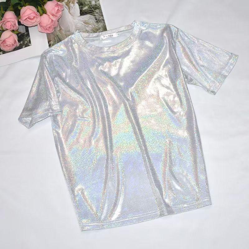 Top Corto Scintillante Stile Coreano - T-shirt da Performance Trendy Luminosa a Maniche Corte Larghe da Donna