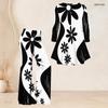 Women Plus Size Two Piece Set V Neck Three Quarter Sleeve Black White Printed Flared Top And Flared Pants