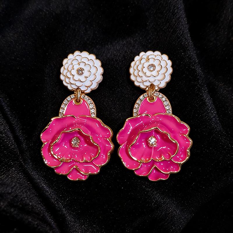 Silver Needle Rhinestone Inlaid Metal Glaze Flower Earring – Exaggerated Holiday Style for Women