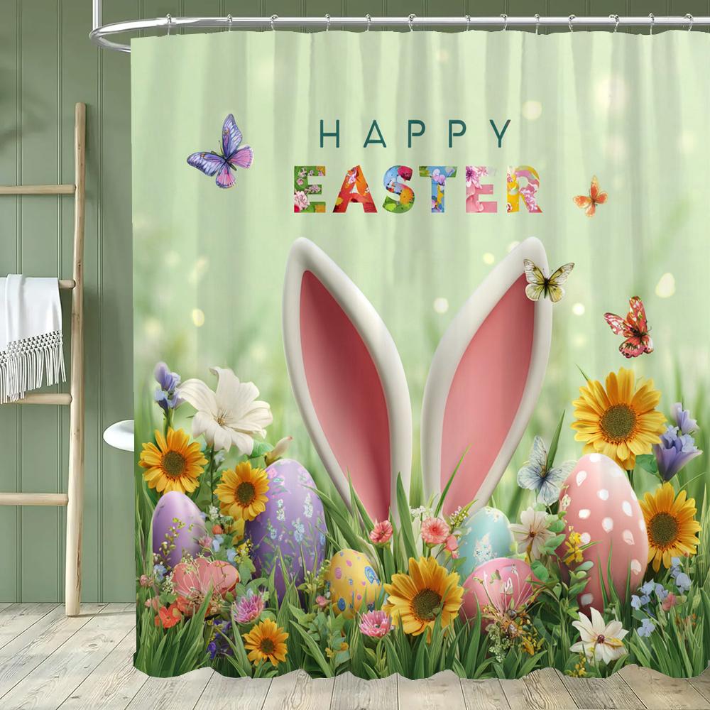 Cute Bunny Shower Curtain, Egg Happy Easter Floral Spring Bathroom Curtain, Modern Decorative Fabric Home Curtain With Hooks