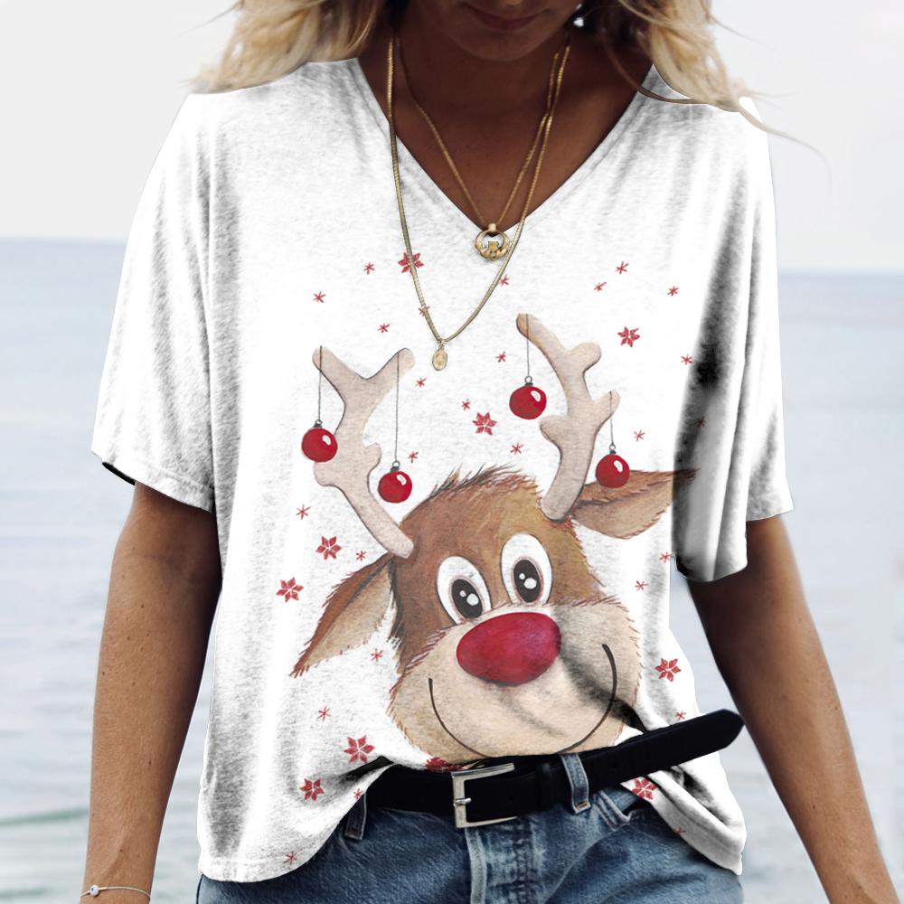 Plus Size 6XL Merry Christmas Women's Short sleeved V-neck T-shirt Christmas Tree Santa Claus Letter Print Simple Trendy Trend Women Clothing