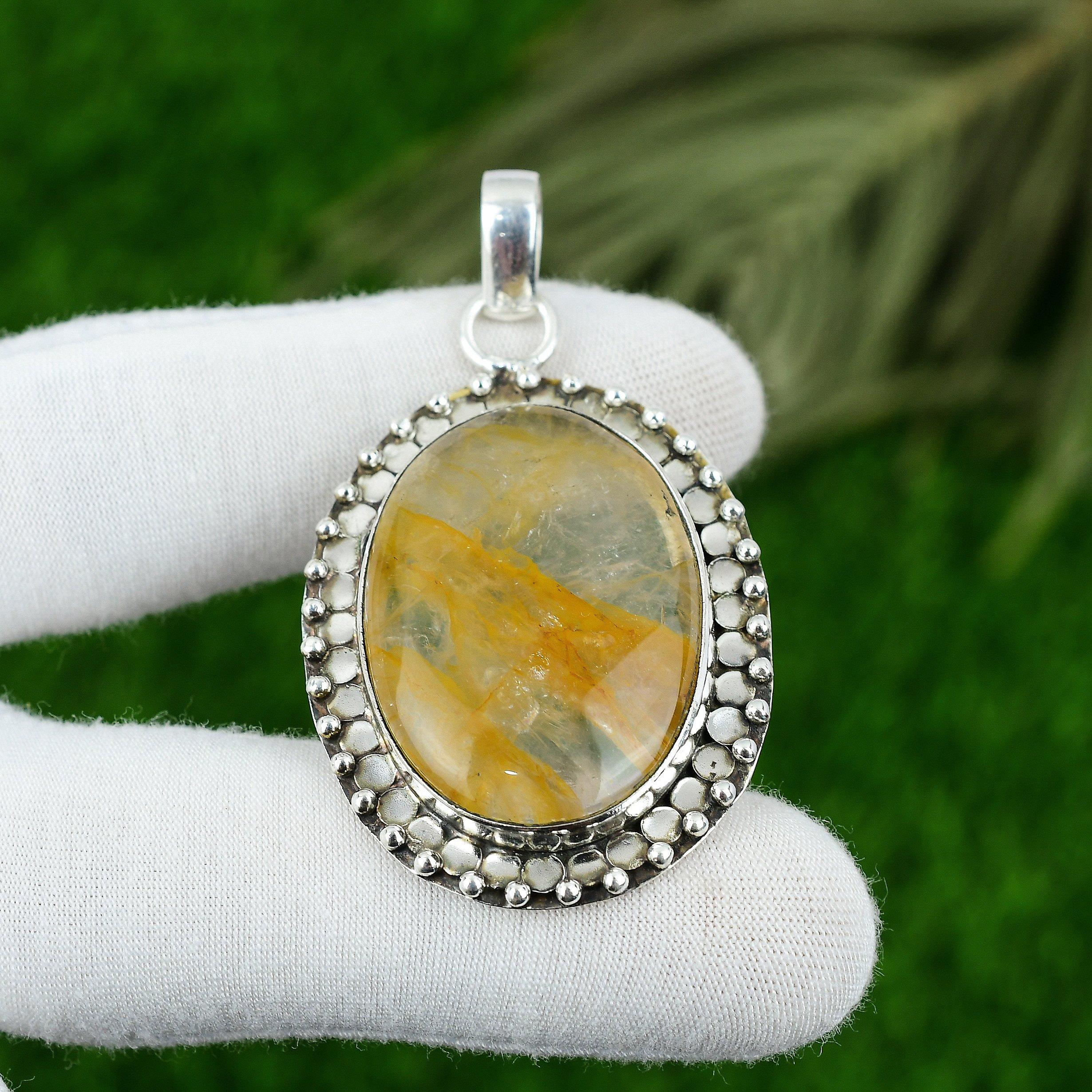 

Anniversary Gift For Her Natural Golden Rutile Gemstone Pendant 925 Silver