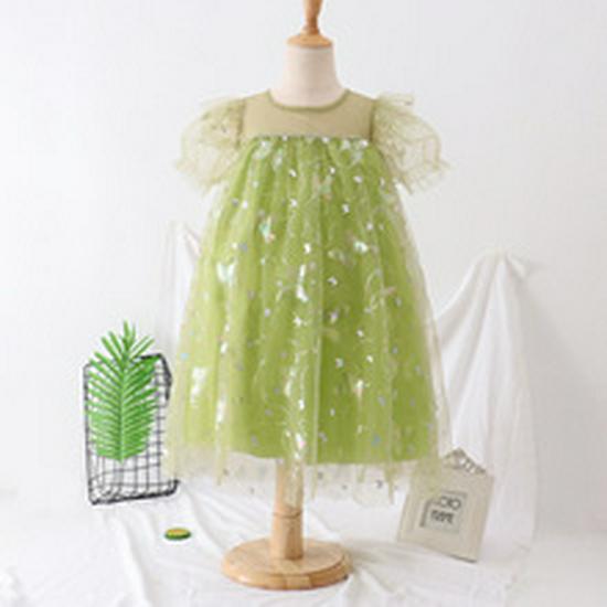 Spring Autumn Loose Fit Kids' Mesh Princess Dress - Chinese Style Short Sleeve Costume