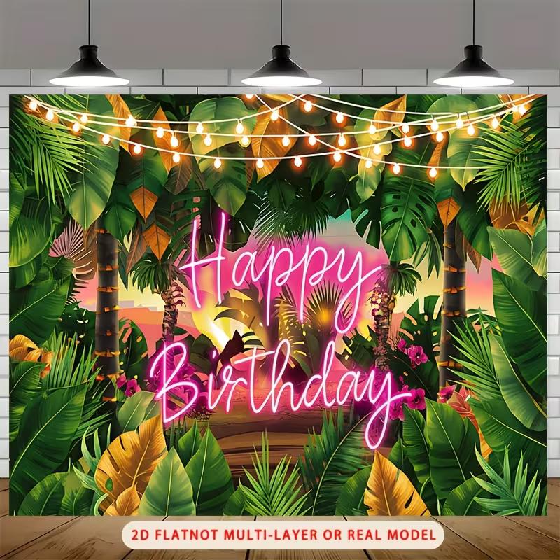 

2D Tropical Jungle Backdrop with Pink Neon Happy Birthday & String Lights 47.2x31.5inch/120*80cm