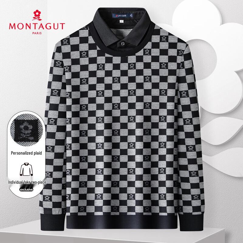 MONTAGUT Men s Faux Two-Piece Plaid Long Sleeve Polo Shirt 50