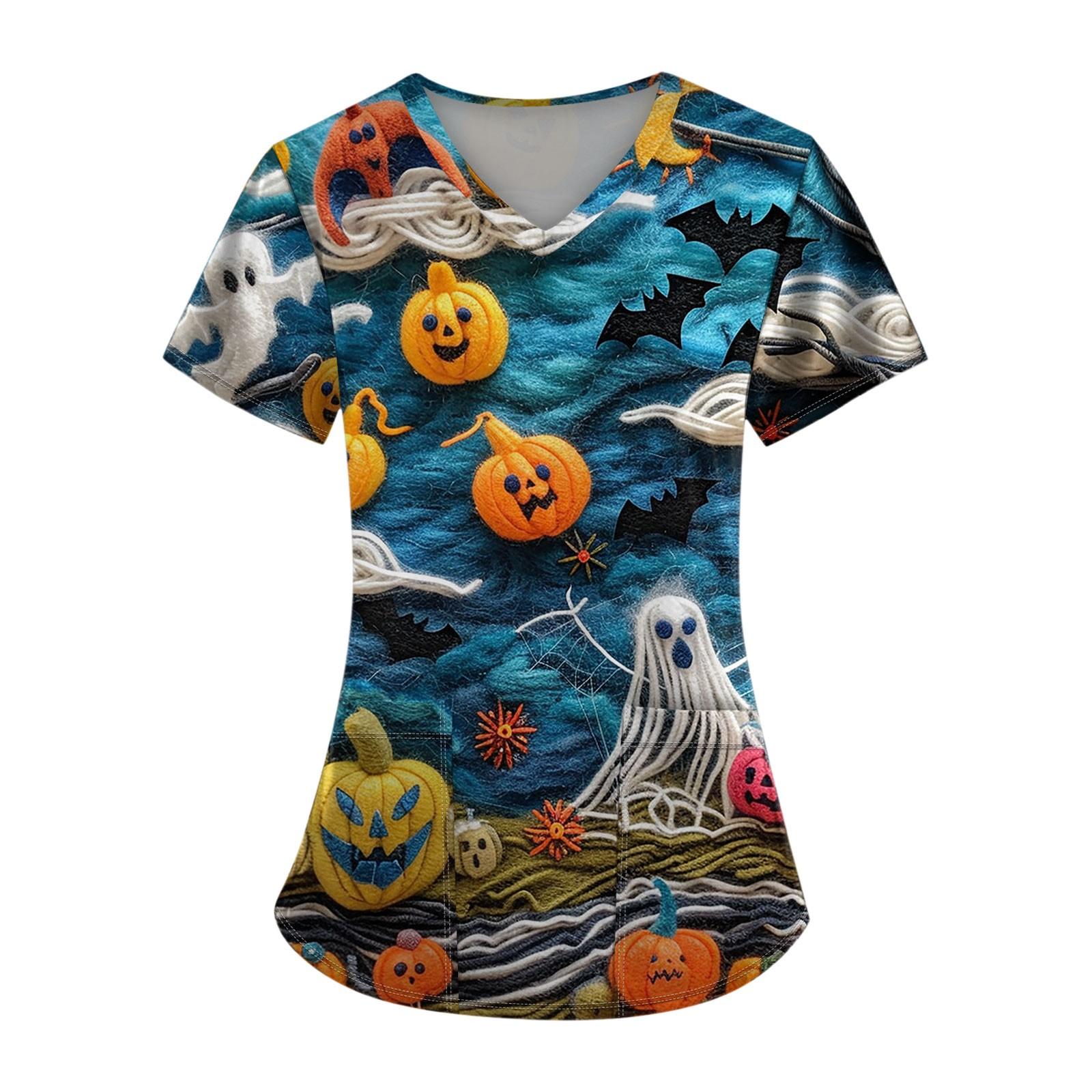 

Плюс размерСкраб с принтом Рабочая форма Топы для женщин Крест V-образным вырезом Хэллоуин Принт с короткими рукавами Забавные футболки Спецодежда Футболка с карманами XL синий