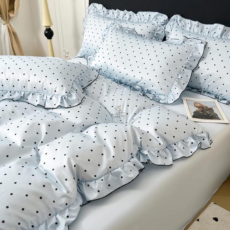 Korean Pink Heart Duvet Cover Sets For Girls 2025 New Blue Dot Ruffles Bedding Sets 4PCS Queen Size for Bedroom Guest Room