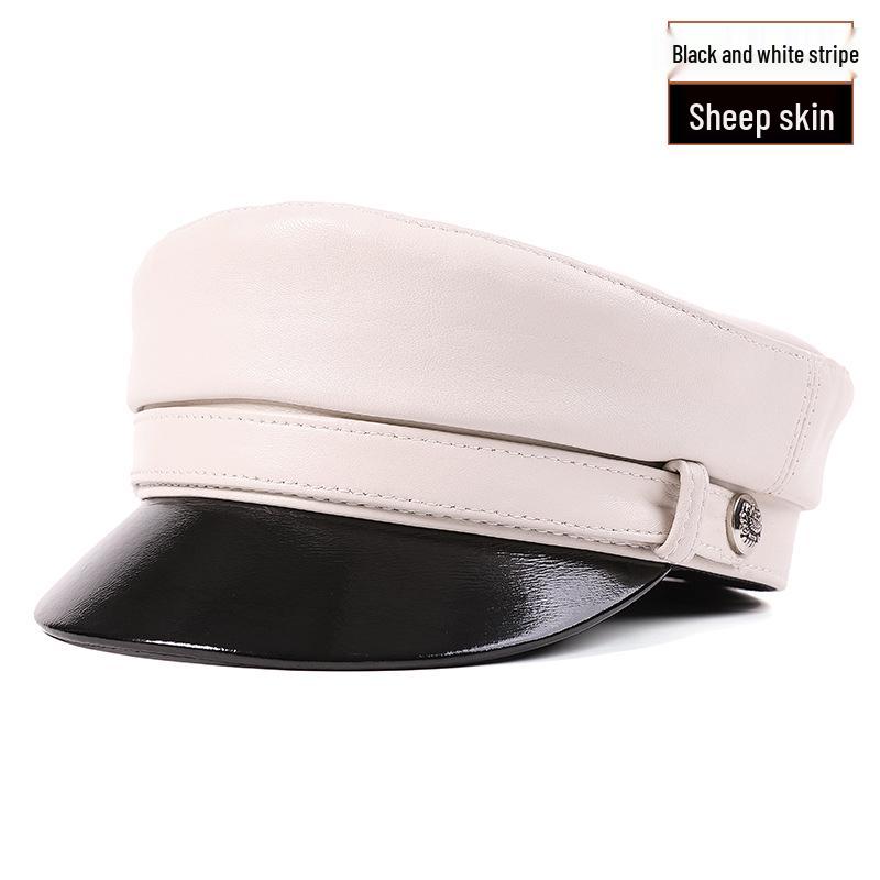 

Женская кепка-утка из натуральной кожи: Осенне-зимняя мода, темно-синяя овчина, универсальная повседневная плоская тулья. XL (57-58cm) Adjustable