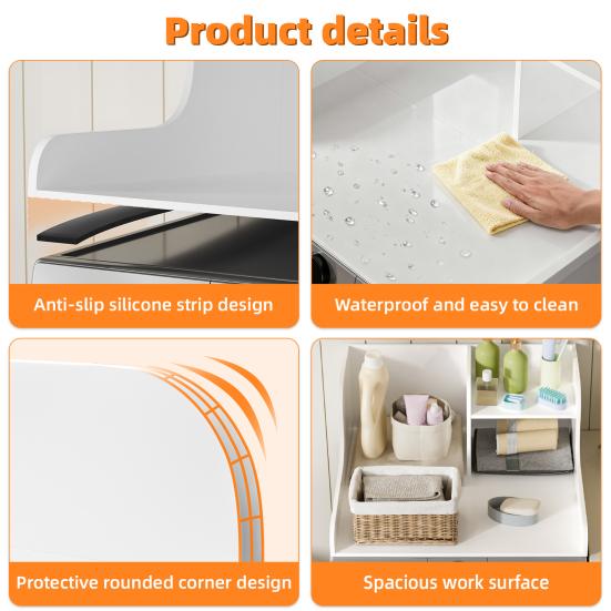 Laundry Shelf 27.5" Washer Dryer Countertop with Shelf Anti-Slip Strips and Edge Rails Topper for Room Organization (with 3.0M Silicone Strip)