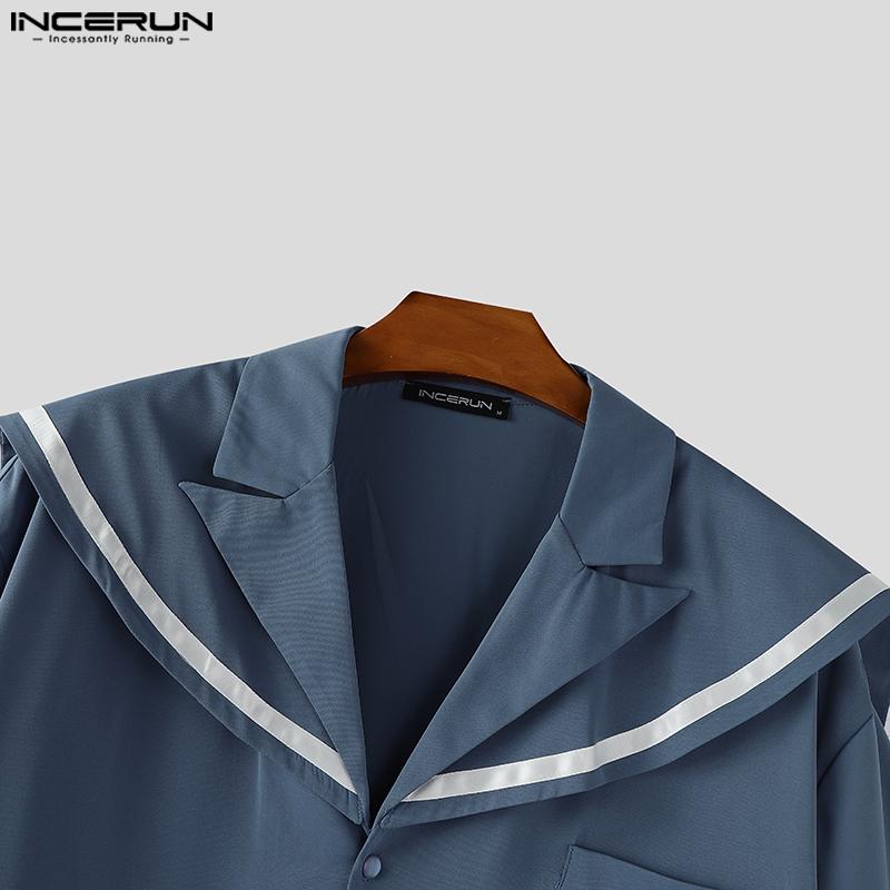 INCERUN Oversized Men Naval Collar Short Sleeve Stitching Casual Loose Shirts Tops