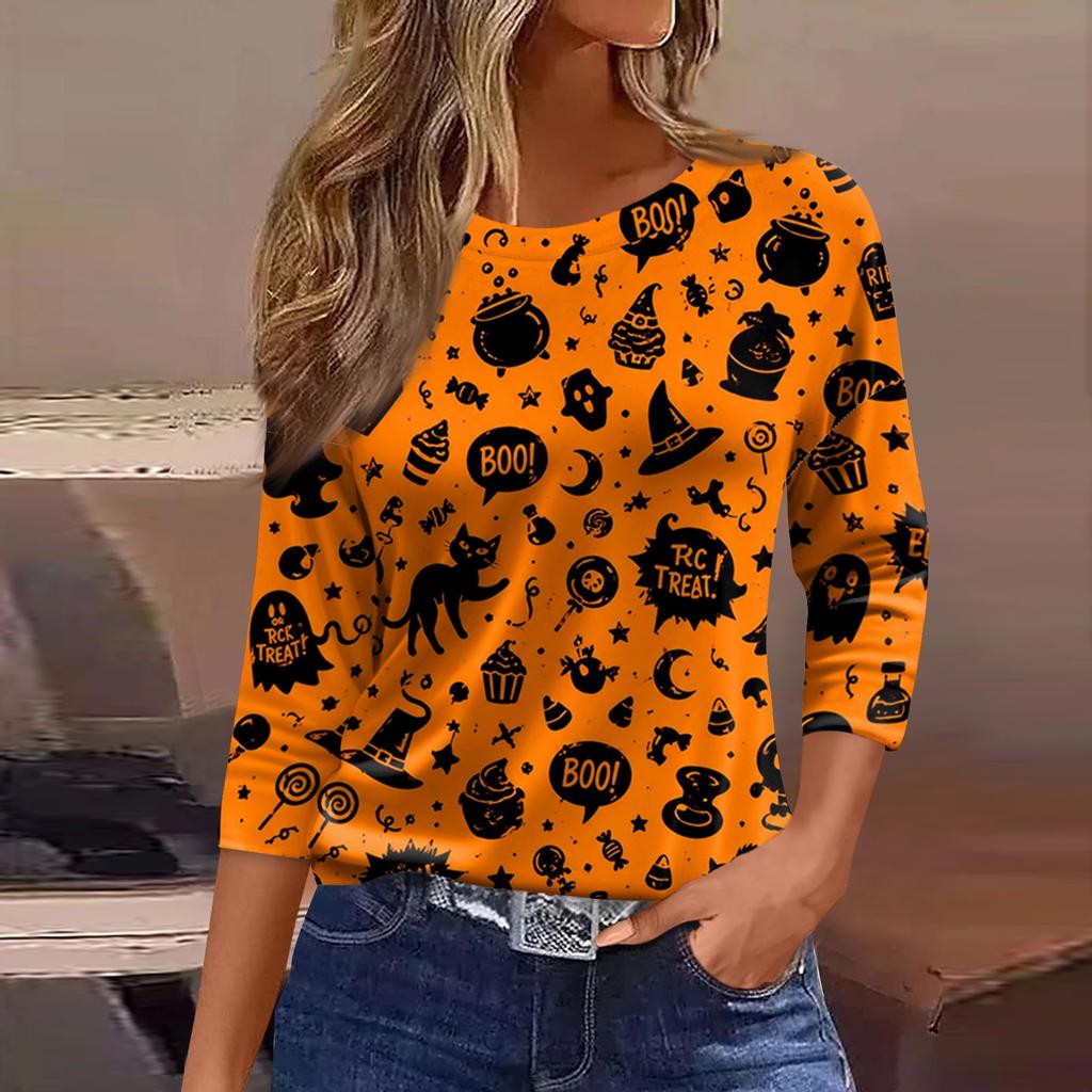Women's Casual 3/4 Sleeve Halloween Print Round Neck Blouse for Party and Daily Wear