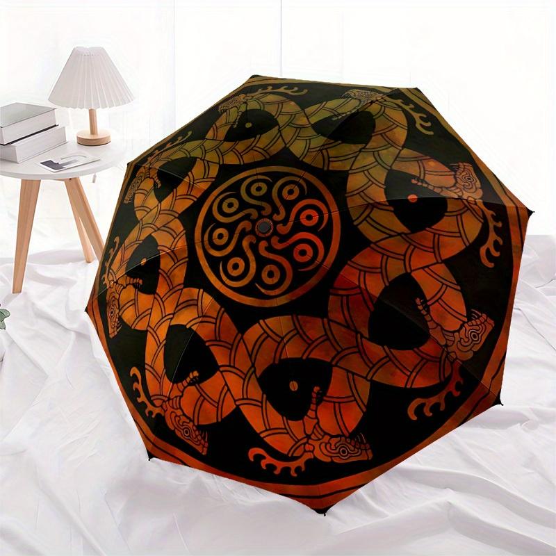 1pc Serpent Mandala Automatic Open/close, Heavy-Duty Iron Frame & 8-Rib Structure, Compact Folding Umbrella for Women/Men, All-Season Travel, Hallowee