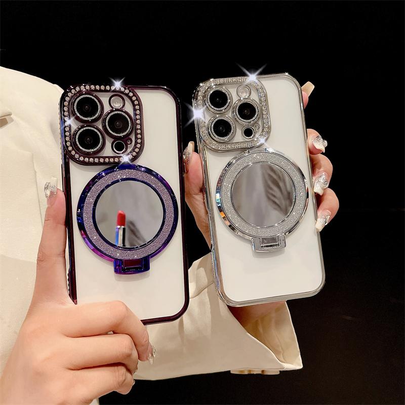 For iPhone 16 Pro Max Luxury Glitter Holder Stand Plating Frame Phone Case For iPhone 11 12 13 14 15 16 Plus Flash Diamond Cover