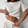 Pijama subțire de vară, cu imprimeu în formă de inimă, din crep de bumbac pur, pentru femei, set din două piese cu mânecă scurtă și pantaloni scurți cu șliț