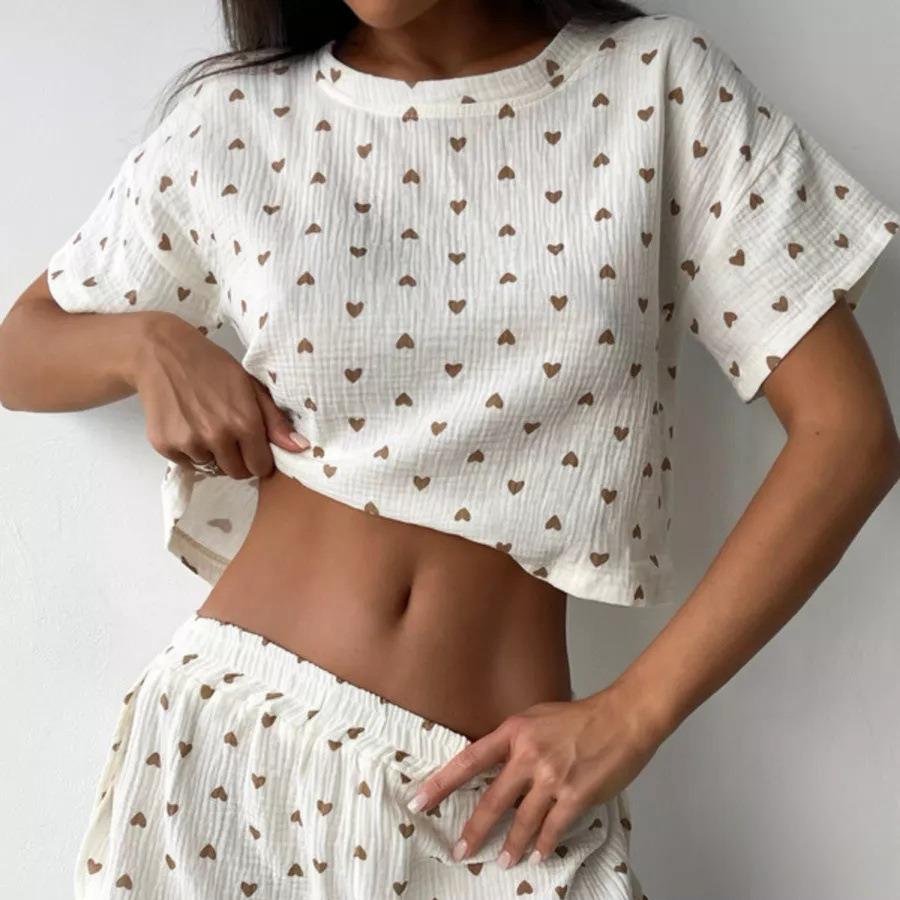 Pijama subțire de vară, cu imprimeu în formă de inimă, din crep de bumbac pur, pentru femei, set din două piese cu mânecă scurtă și pantaloni scurți cu șliț
