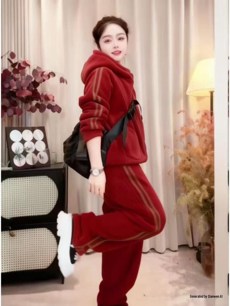 Korean High-End Casual Hoodie & Wide-Leg Pants Velvet Set