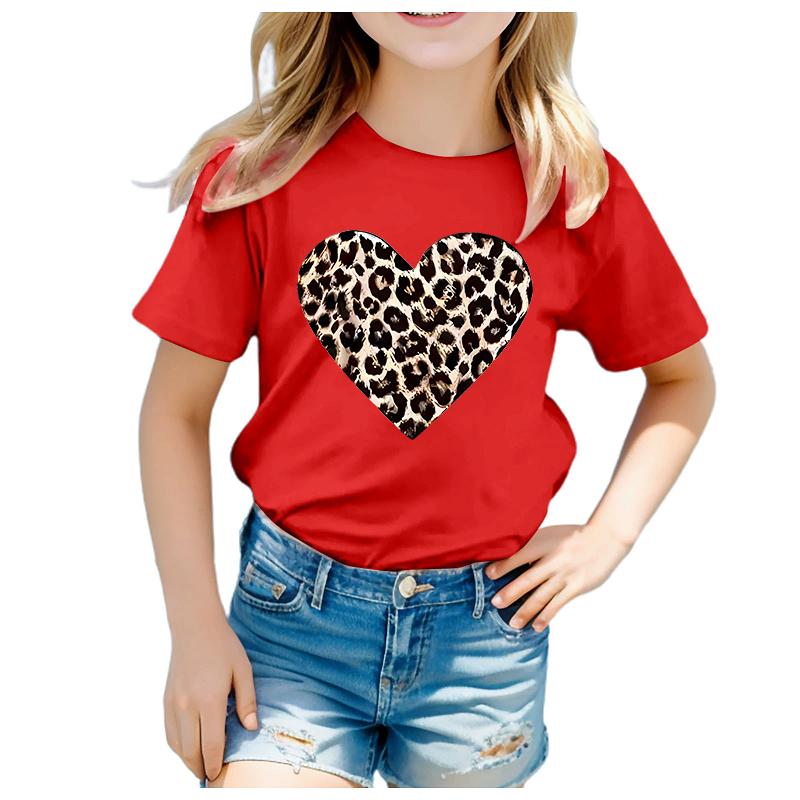 Girls RoundNeck ShortSleeved TShirt Leopard Print Heart Print Modal Fabric Casual Kids Top In Assorted Sizes Modal Fabric