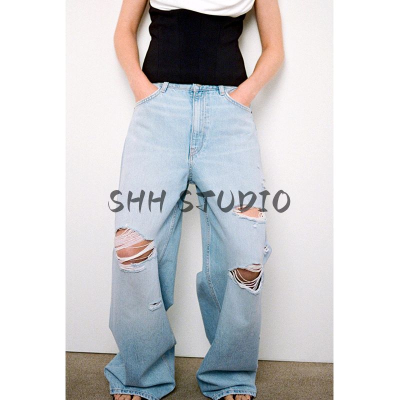 Spring New Women clothes All-Match Slimming Ripped Decoration Fashion High Waist Baggy jeans 8727011