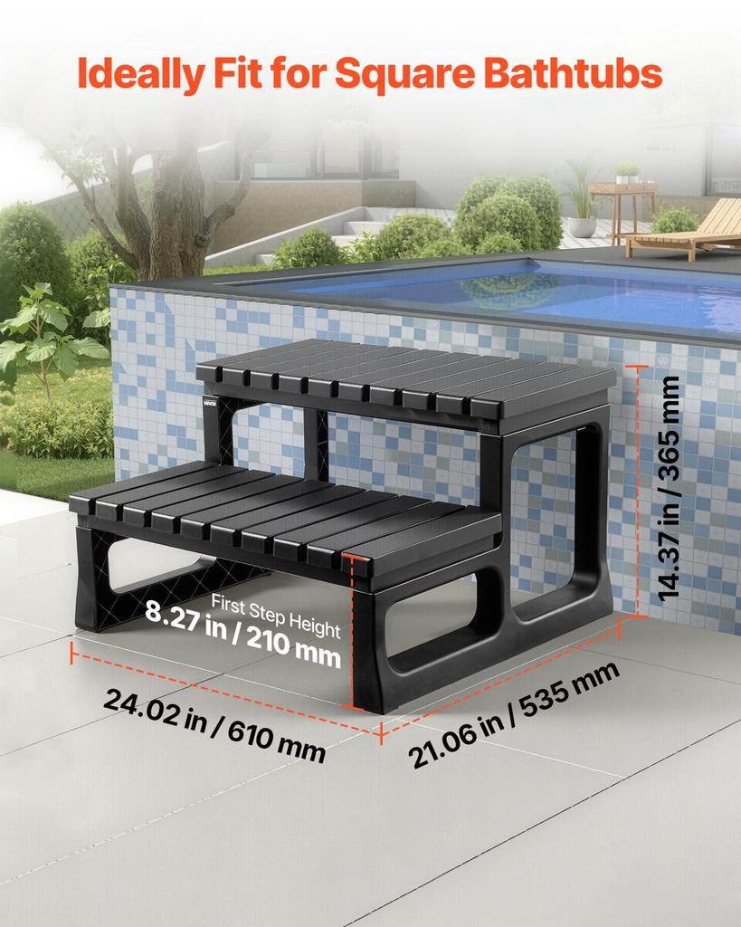 Hot Tub Step, 2-Step Spa Outdoor Stairs, Heavy Duty 599.5 mm Wide PP Above-Ground/Inflatable Pool Ladder with 145.2 kg Weight Capacity, Multi-Use for