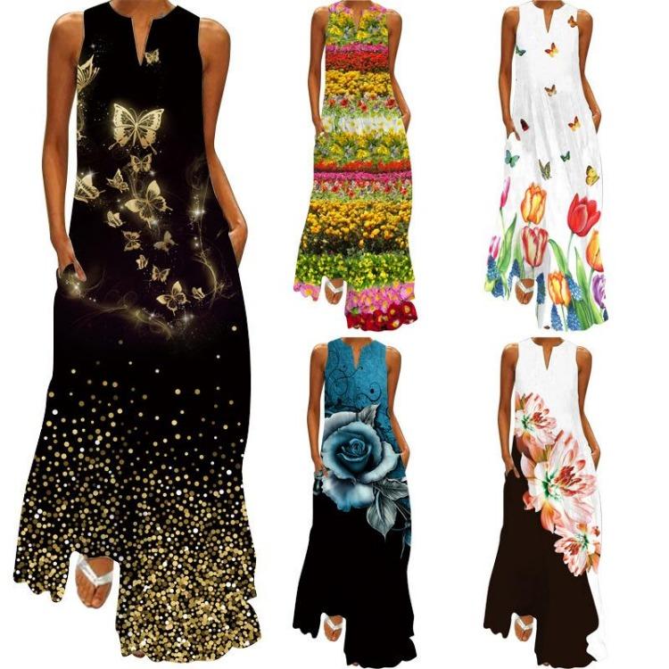 2023 Summer Women Sexy V Neck Retro Print Long Dress Sleeveless Beach Vacation Casual Fashion Clothing