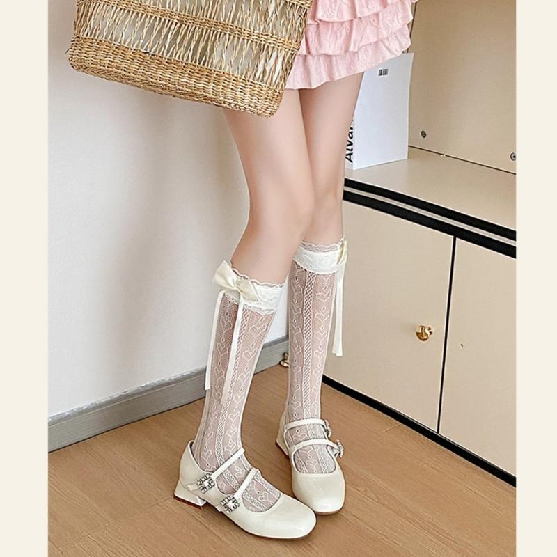 Japanese Style Ruffle Lace Trim Over the Calf Socks for Women Cute Ribbon Bowknot Hollowed Out Heart Fishnet Stockings