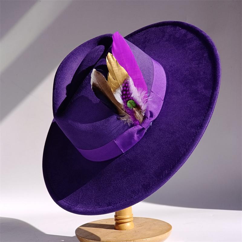 Purple Feathers Suede Top Hat 9.5Cm Wide Brim Fedora Hat Men Women Autumn Winter Felt Jazz Hats Classic Church Fedoras Sombrero
