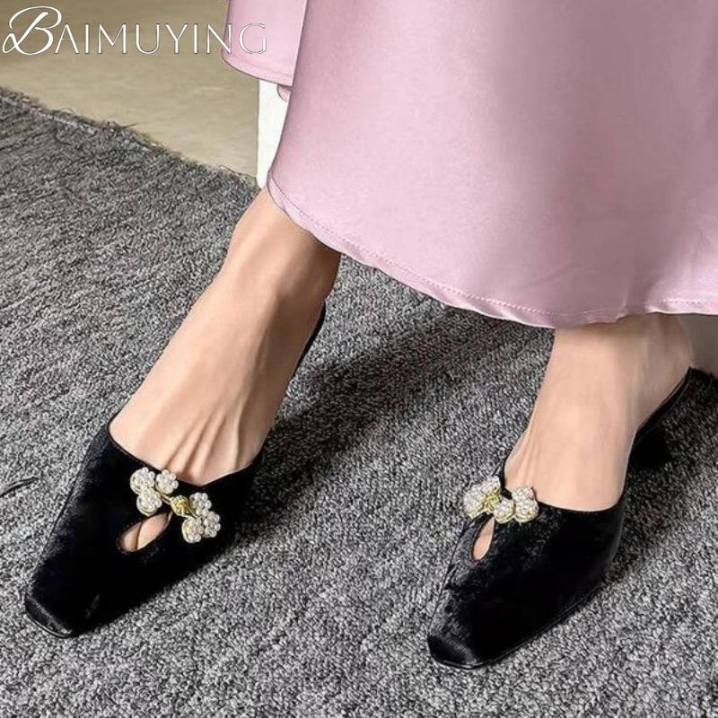 Fashion Square Toe Slippers Women Heeled Sandals Crystal Mules Mid Heels Shoes Summer 2025 New Elegant Dress Party Trend Pumps Mujer
