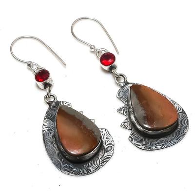 Natural Mookaite, Garnet Gemstone 925 Sterling Silver Earring 2.36" V6O99